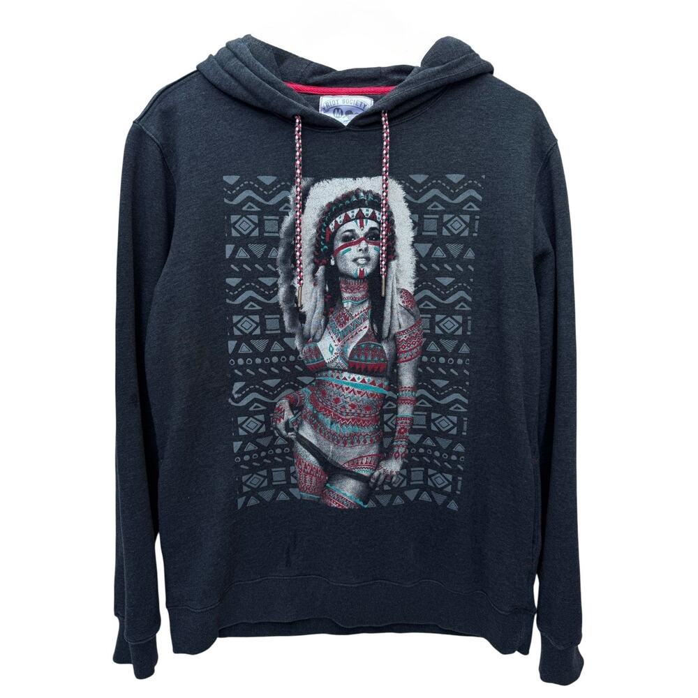 Riot Society Mens Graphic Hoodie Gray Tribal Print Pullover Medium
